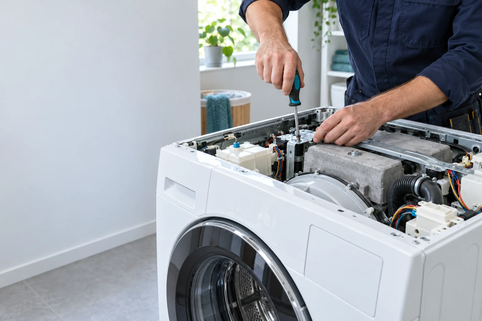 Handen van een monteur bij een geopende wasmachine