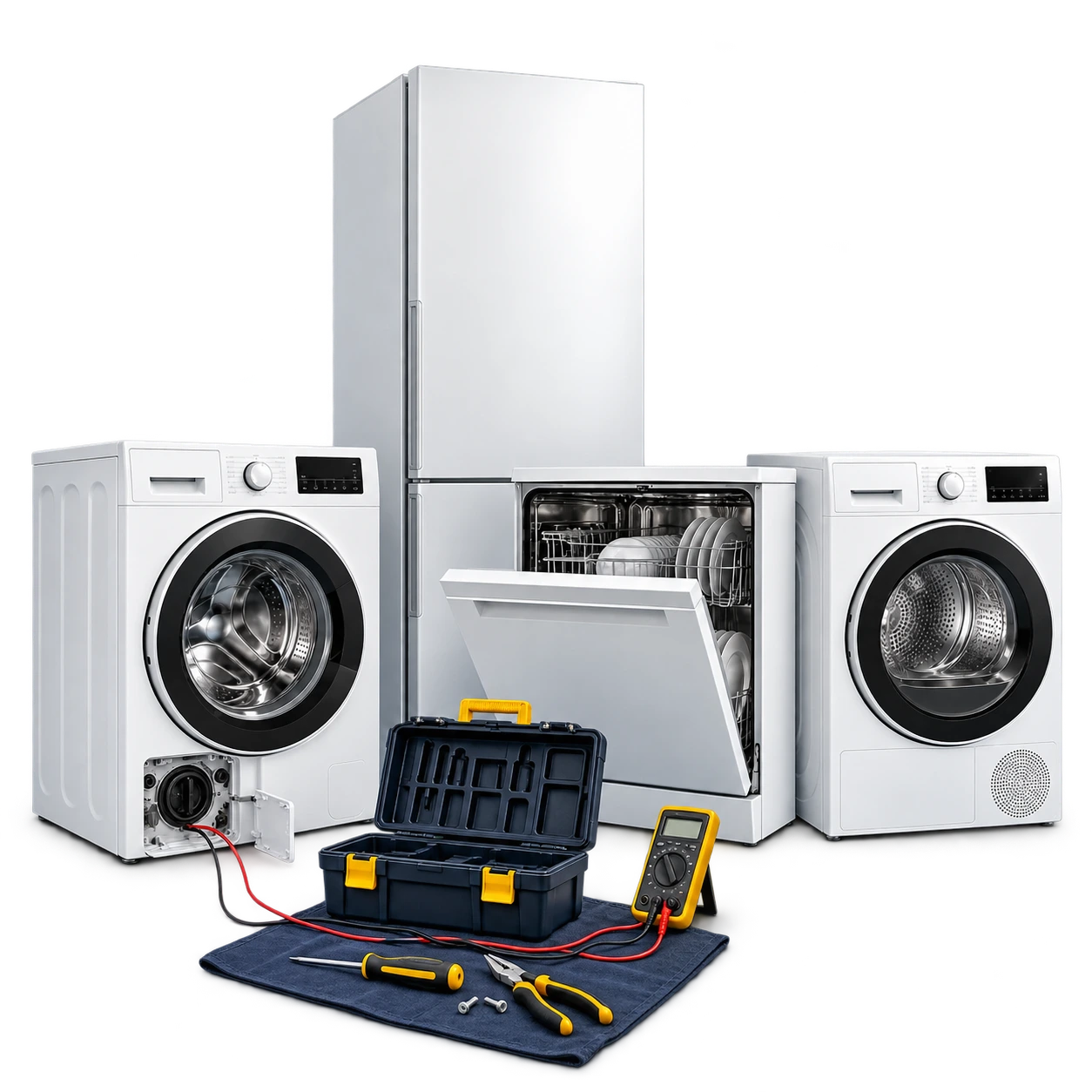 Witgoedreparatie met geopende wasmachine, meetapparatuur, gereedschapskist, vaatwasser, koelkast en wasdroger